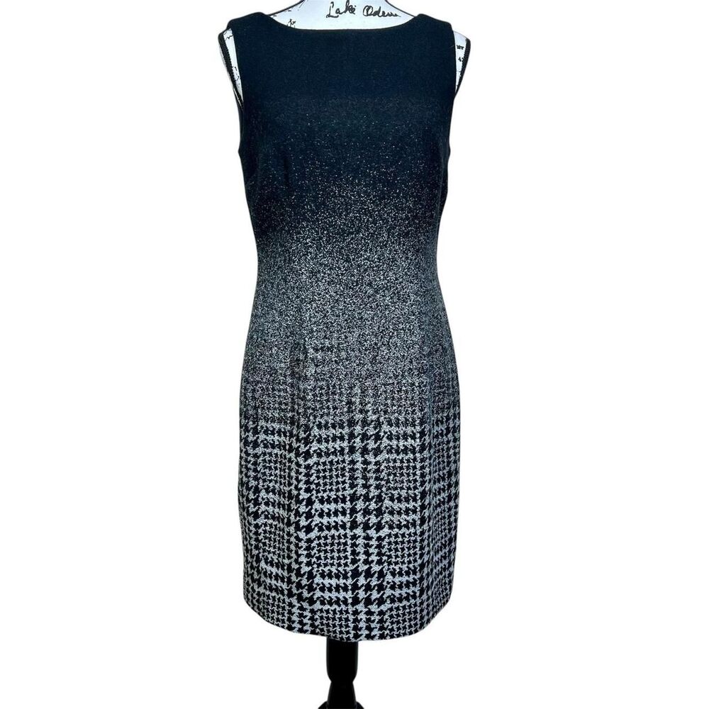 Talbots wool blend houndstooth sleeveless black / grey dress size 8P Petites